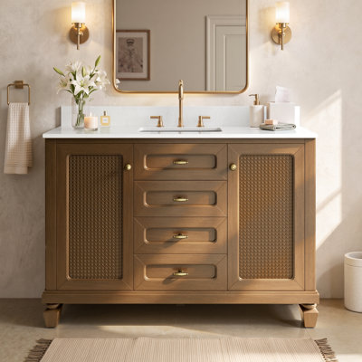 Meuble-lavabo simple autoportant 48 po avec comptoir en marbre d'ingénierie, lavabo en céramique, dosseret
