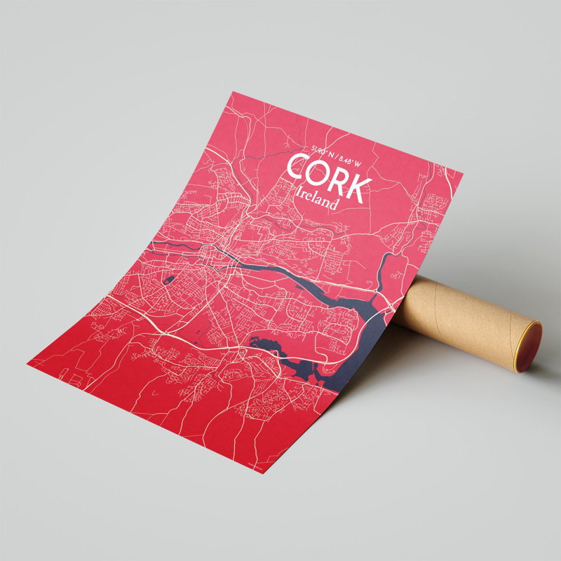 Cork City Map, impression, H 20 po x l 16 po, Rouge / bleu marine