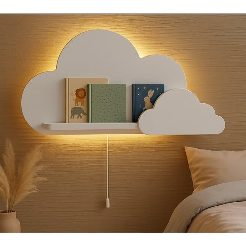 Tablette décorative flottante en bois pour chambre de bébé - options d'éclairage (tablette nuage blanc avec lumière)