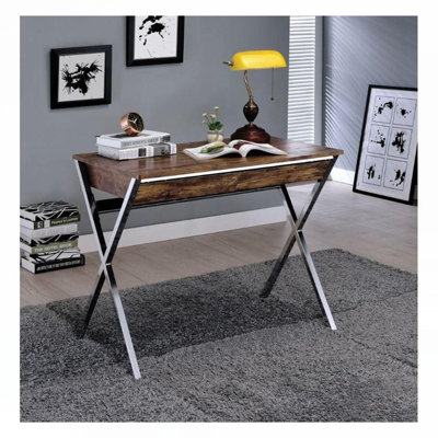 Rectangular Writing Desk with 2 Drawers, Weathered Oak and Chrome