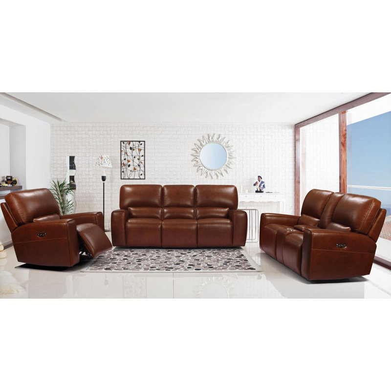 Brown Genuine Leather Power Recliner Loveseat with USB Port