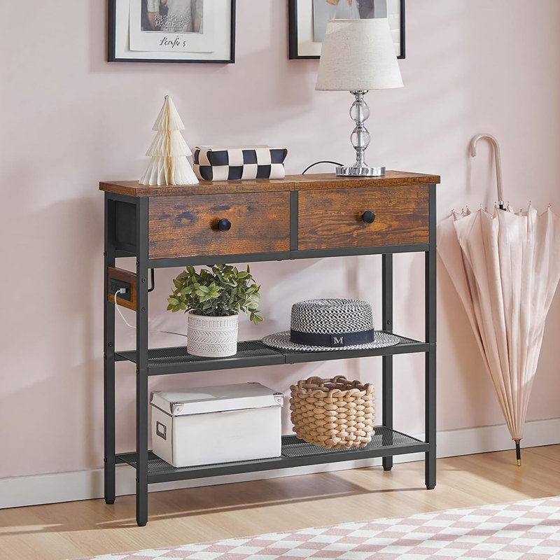 Console étroite avec prise de courant, table d'entrée avec 2 tiroirs en tissu, table à 3 niveaux avec tablettes de rangement pour le salon et le couloir, brun rustique