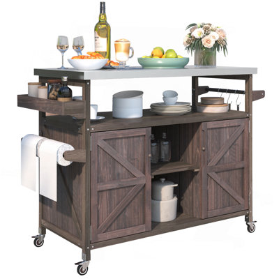 Farmhouse Outdoor Kitchen Island Rolling Bar Cart Storage Cabinet by August Grove