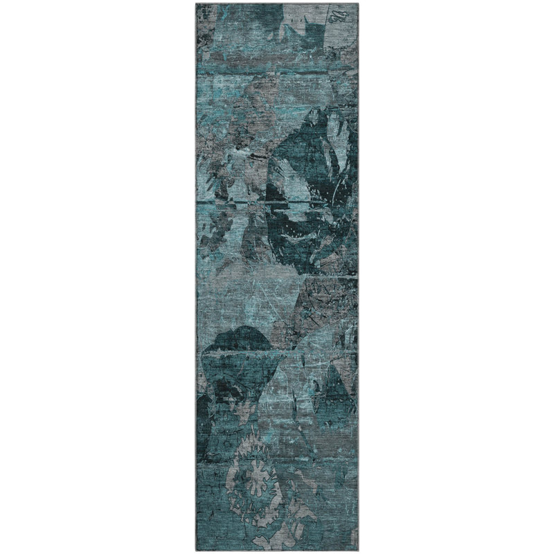 Premium Machine Washable Cerrito AMF555 Teal Rug, Runner 2'3" x 7'6"