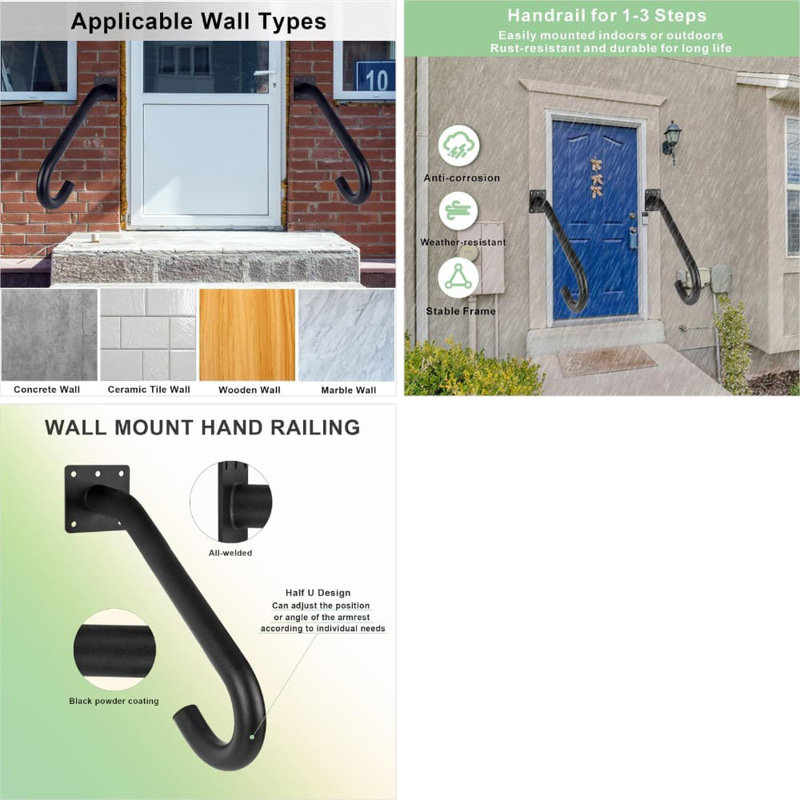 Sturdy Wall Mount Handrail For 1 To 3 Steps, Indoor And Outdoor Safety Grab Bar For Elderly And Accessibility, Easy Installation With Hardware Included