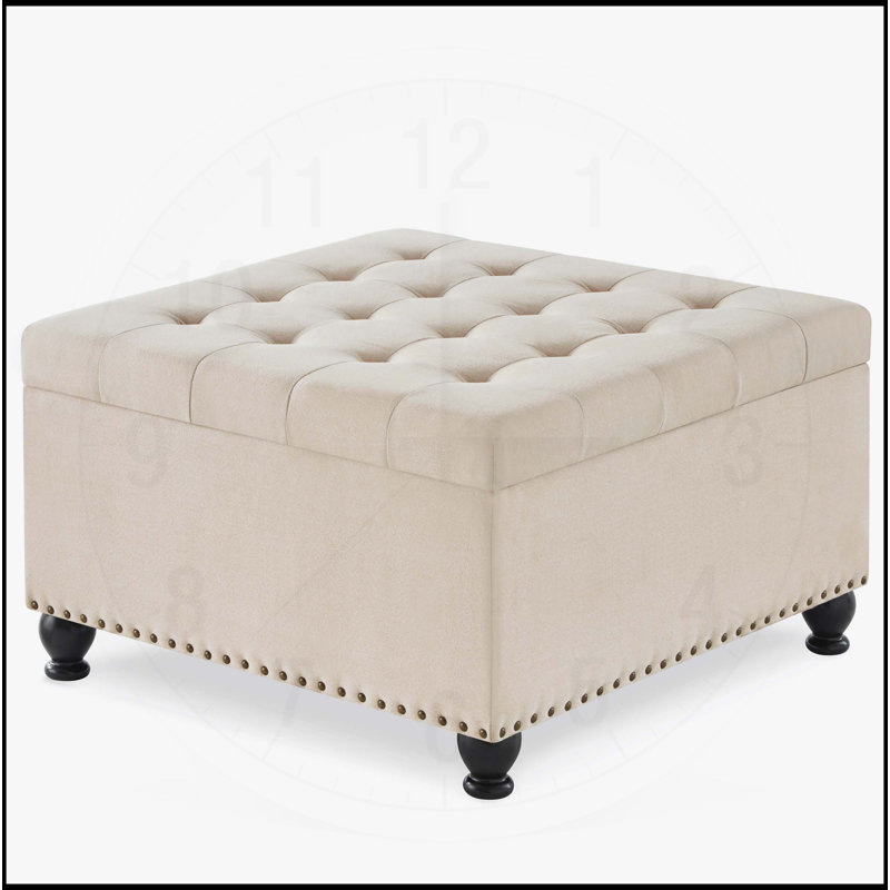 Large Square Storage Ottoman with Wooden Legs, Upholstered Button Tufted Coffee Table, Perfect for Modern Living and Extra Storage