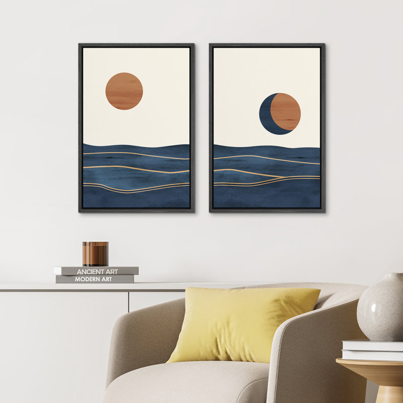 Sun and Moon Abstract Landscape Framed Canvas Art Set