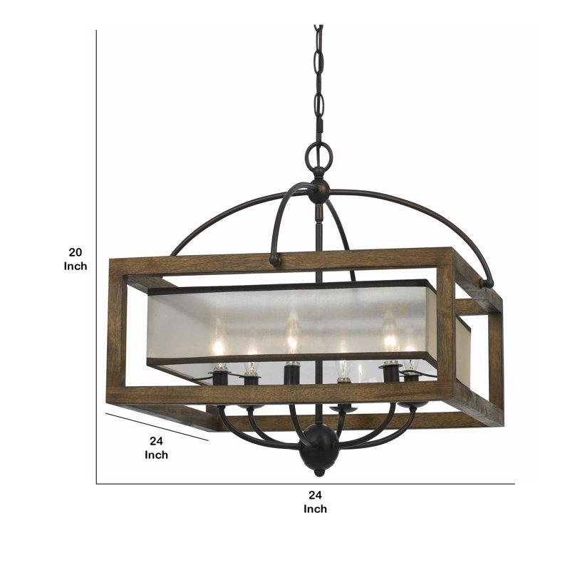 Lustre carré unique à 6 lumières avec détails de bois Jaiceyon
