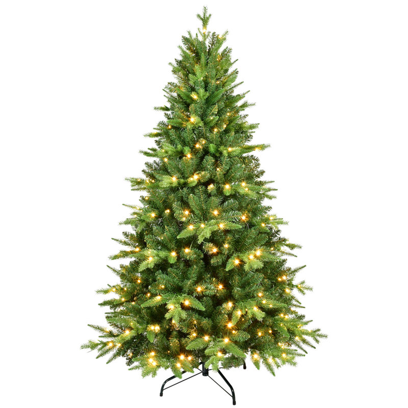 Arbre de Noël artificiel pré-éclairé avec lumières DEL, embouts réalistes en PE + PVC, branches articulées et support en métal pour décoration des Fêtes