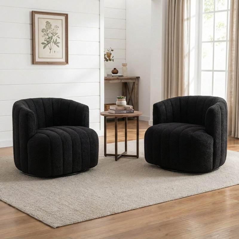 Bryonie Upholstered Swivel Barrel Chair, Black Teddy