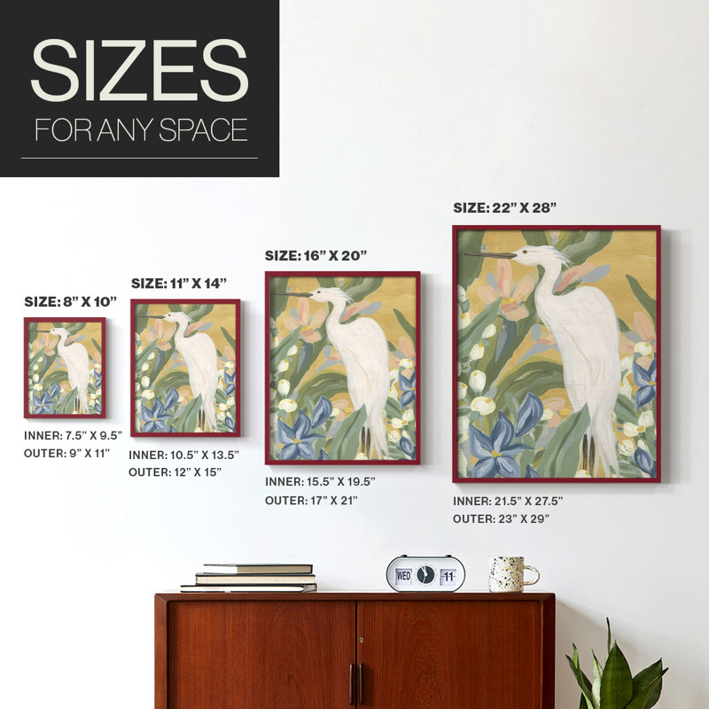 Floral Egret I-Premium, reproduction encadrée prête à accrocher - aucun clou requis - aucun clou requis, H 11 po x l 18 po