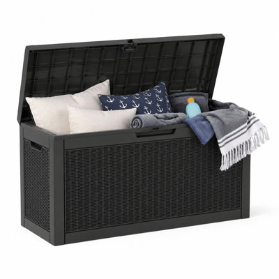 Boîte de rangement de terrasse verrouillable pour l'extérieur, 60 gallons (227L), résine durable, effet rotin