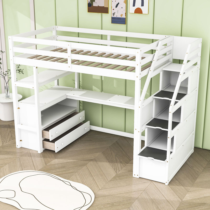 Lit mezzanine en bois avec bureau, tablettes et deux tiroirs Kaci, Simple, Blanc