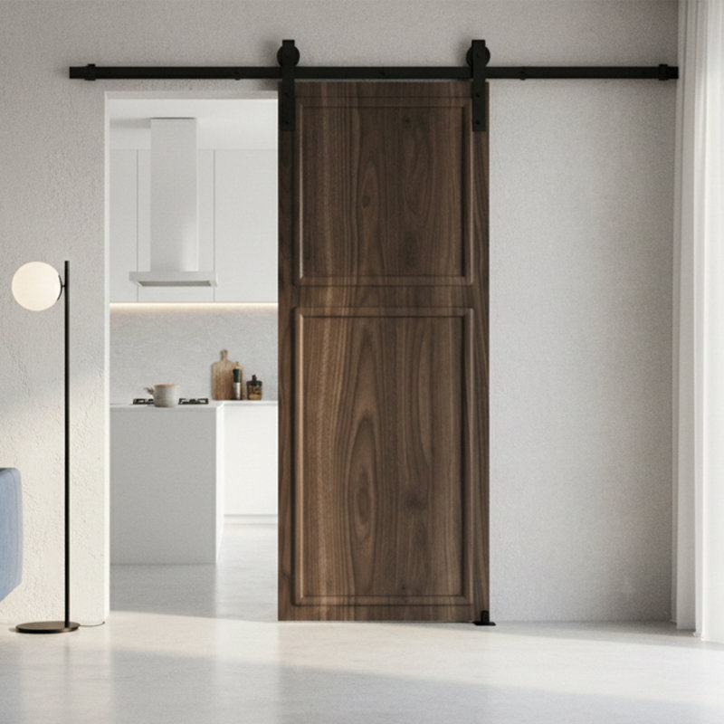 Porte de grange coulissante en panneau de fibres à densité moyenne à finition noyer de 2 panneaux de 18 po x 96 po x 96 po avec quincaillerie 18 series