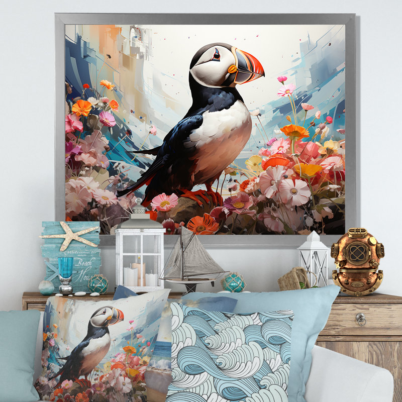 «Morden Puffin Bird Portrait III», art mural animaux côtiers, Cadre de coin argenté fermé, H 34 po x l 44 po x P 1,5 po