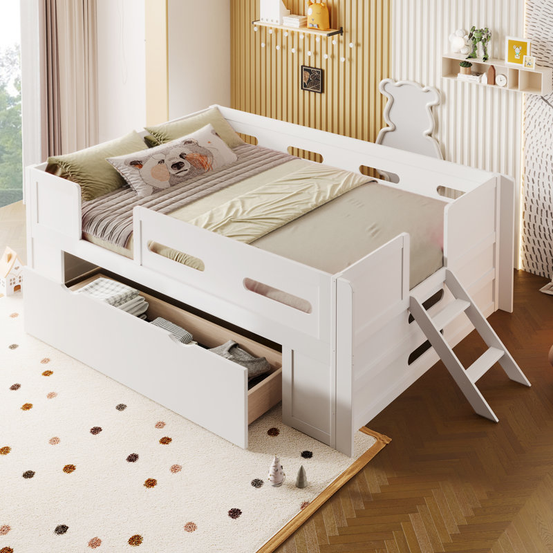 Twin Size Wooden Platform Bed with Storage Drawer & Guardrail, White, Twin, White