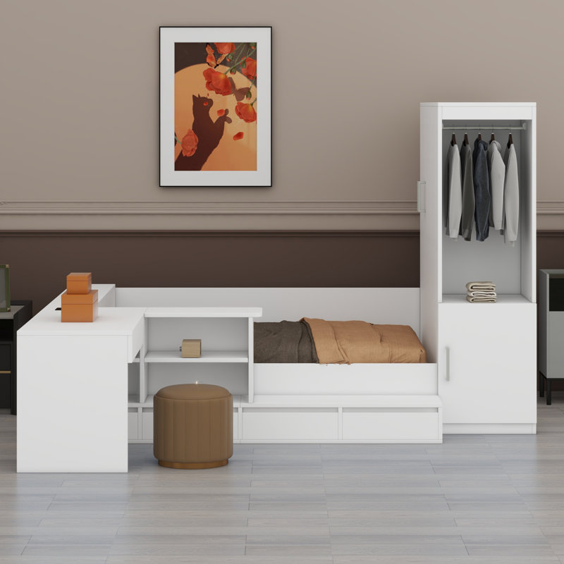Wooden Platform Bed With Drawers, Shelves, Desk And Wardrobe, White