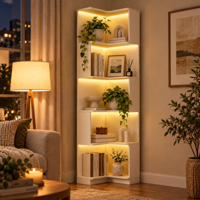 Unavela 5-Tier L-Shaped Corner Bookshelf With LED Lighting & Baffle