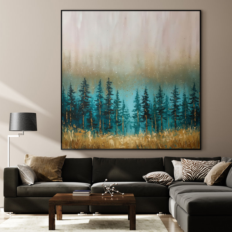 Très grand art mural imprimé sur toile - Forêt sarcelle, ligne d'arbre, paysage brumeux, décoration pour le salon ou la chambre à coucher - «Assemblage requis du cadre (cadre non fini)»