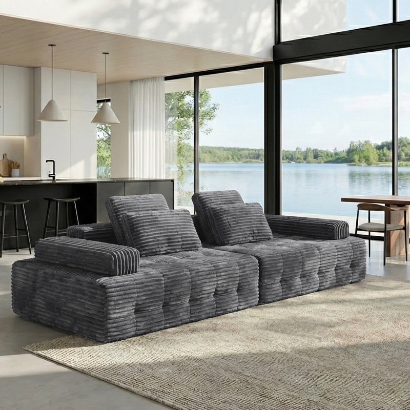 Lawrence Boneless two-piece rabbit fur foam sofa set with four pillows - no assembly required, Gray