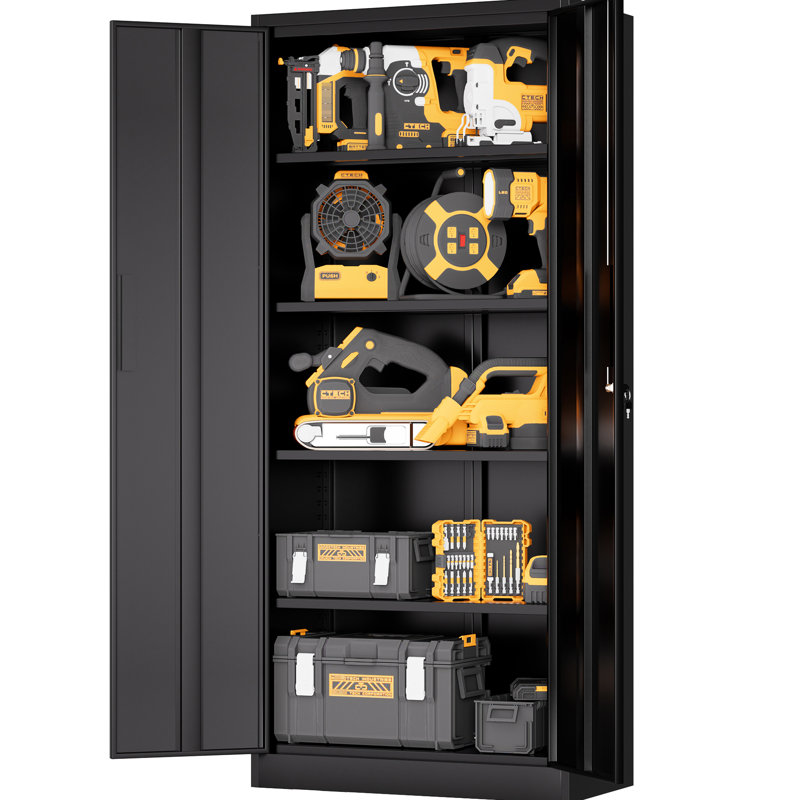Armoire de rangement de bureau 71,85 pouces en métal avec serrure, 4 tablettes, finition noire, tablettes réglables pour les outils et les dossiers, outil de garage polyvalent pour salle de classe haute, 3 systèmes de verrouillage
