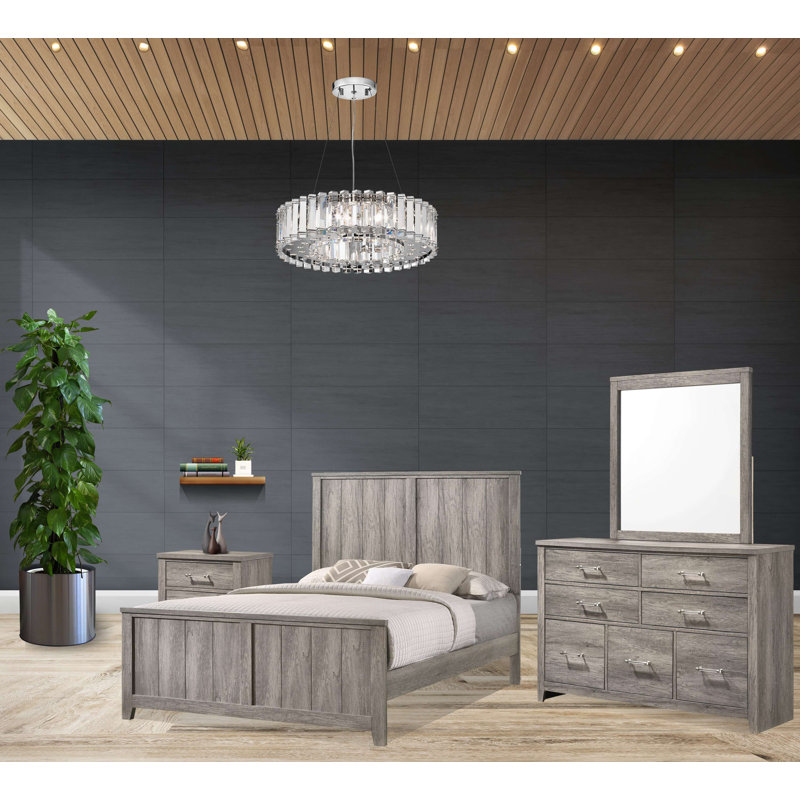 Ensemble de chambre pour grand lit 4 pièces en gris vieilli avec lit, commode, miroir et table de chevet, Grand
