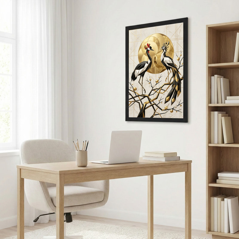 Toile noire encadrée en bois noir pour le salon, la chambre à coucher, le bureau ou le vestibule - décoration murale décorative avec oiseaux géométriques