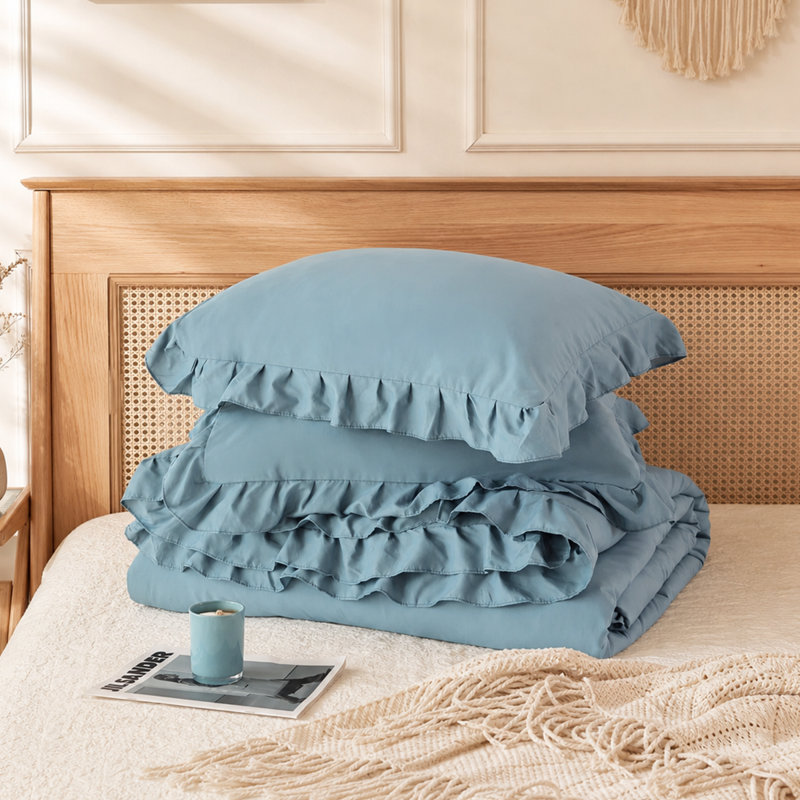 Ensemble d'édredon 3 pièces Ruffle, Édredon grand + 2 taies d'oreiller standard, Bleu minéral
