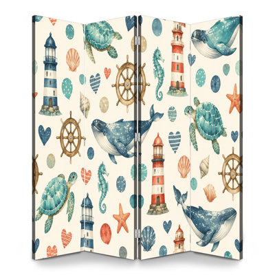 4 Panels Folding Screen Room Divider Royal Nautical Watercolor Whales Turtles Lighthouses Canvas Screen Room Separator Freestanding Protective Wall Divider Privacy Partition for Bathroom