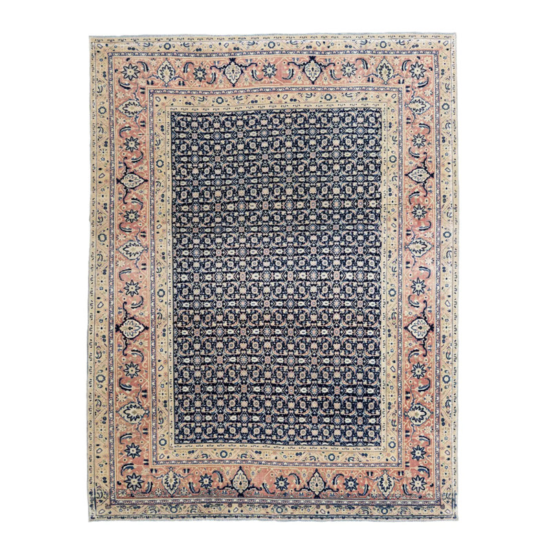 Tapis bleu marine en laine rétro unique 8 pi 2 po x 10 pi 9 po style rétro des années 1980