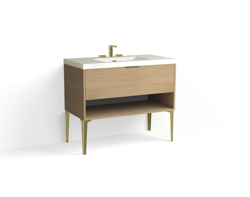 Modo 42" W Freestanding Single Bathroom Vanity with Dean Leg, Matte White/8" Widespread, Nocino, Polished Nickel