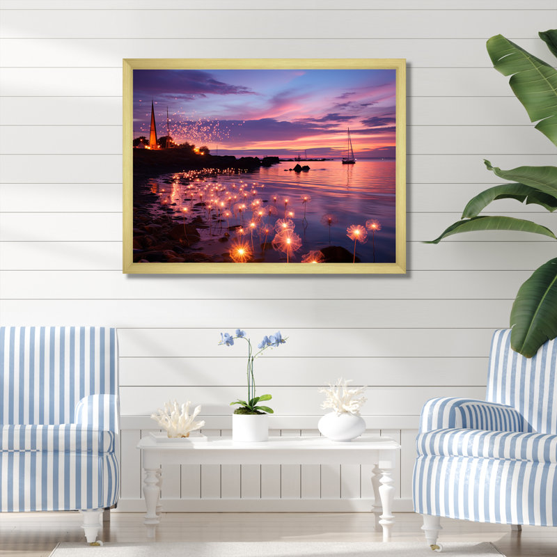 Coucher de soleil sur la plage florale II - art mural plage, Cadre doré à coins fermés, H 16 po x l 32 po x P 1 po