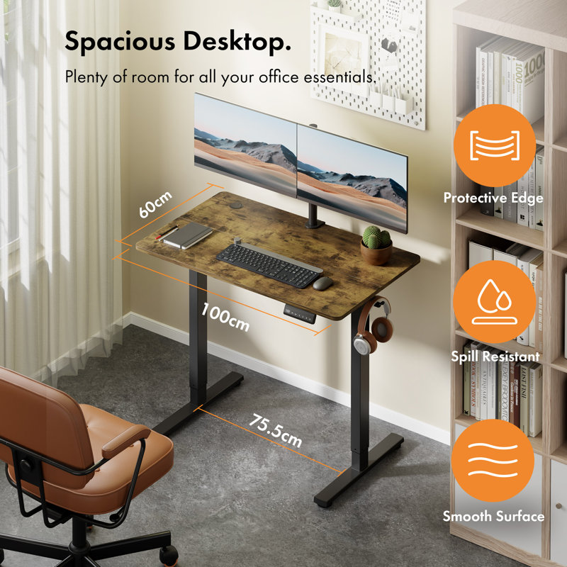 Adjustable Height Steel Standing Desk, 100 W x 60 D, Walnut/Black