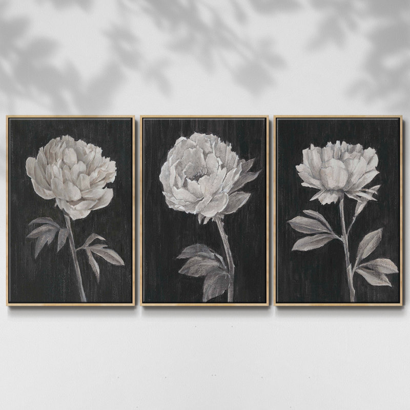 Fleurs noires et blanches I 3 pièces, Naturel, H 36 po x l 72 po
