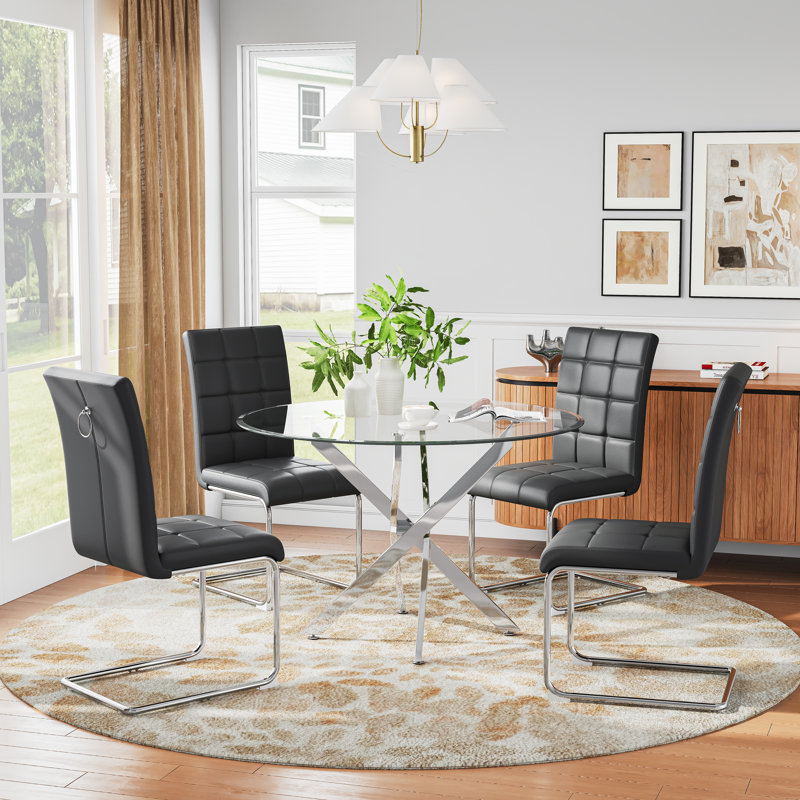 5 - Piece Glass Top Dining Set (set Of 5), Silver, Black/Silver