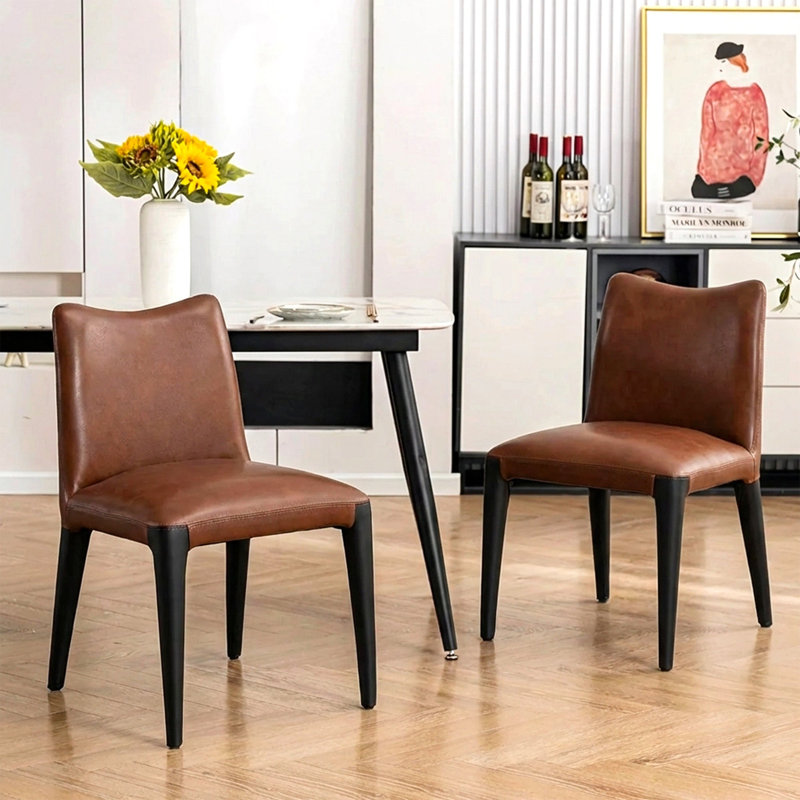 Chaise de salle à manger rembourrée en cuir véritable 21 po de large moderne sans assemblage (ensemble de 2), 2, Brun