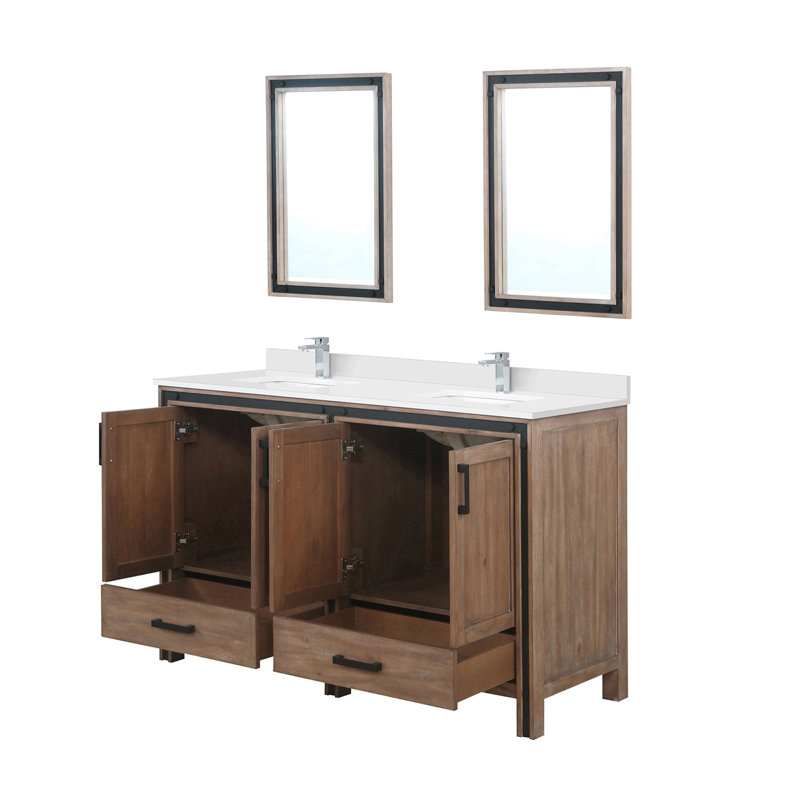 Meuble-lavabo double l 60 po x P 22 po, plateau en marbre de culture, ensemble de robinet et miroirs 22 po, Bois de grange