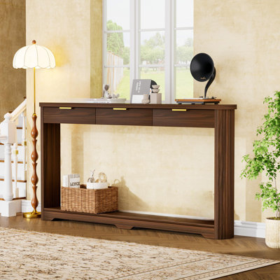70.1" Wavy Pattern Storage Table With Drawers, Slim Wooden Sofa Side Table For Entryways, Hallways & Doorways, Walnut, 70.1"L8.7"W35.5"H