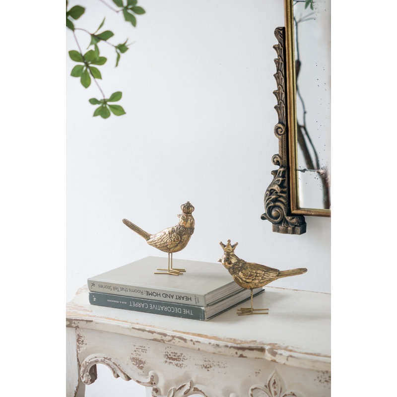 Set of 2 Gold Bird Sculptures with Playful Crowns, 7” Resin and Metal Figurines, Whimsical Home Accents for Mantel, Tabletop, Shelf, or Desk 