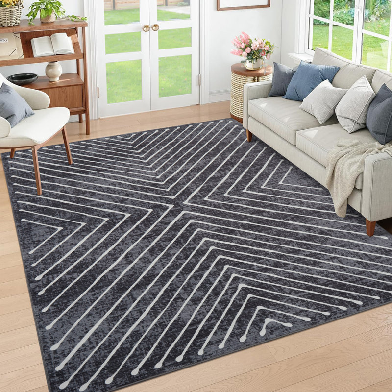 Modern Area Rug, Washable Indoor Carpet with Symmetrical Line Design, Soft Touch & Stain Resistant Floor Cover for Living Room & Bedroom