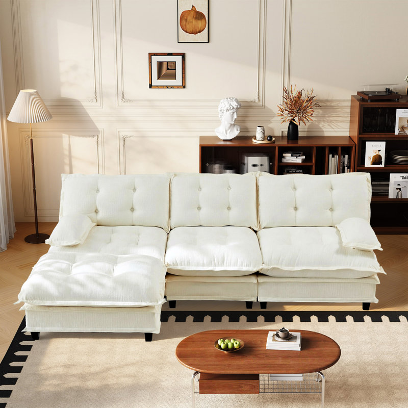 107.8" Chenille Modular Sectional Cloud Couch With Ottoman, Beige Chenille