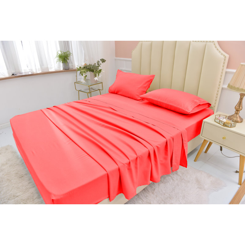  Ensemble de draps 1800 fils en rayonne de bambou, Corail, Ensemble de draps pour très grand lit divisé + d