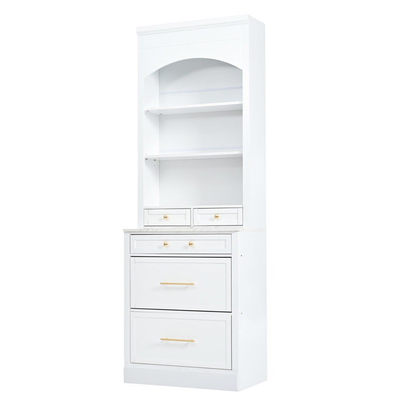 83.7Inch Kitchen With Adjustable Shelf - White Cabinet Faux Marble Counter For Organization Freestanding Tall Organized Living Space Storage