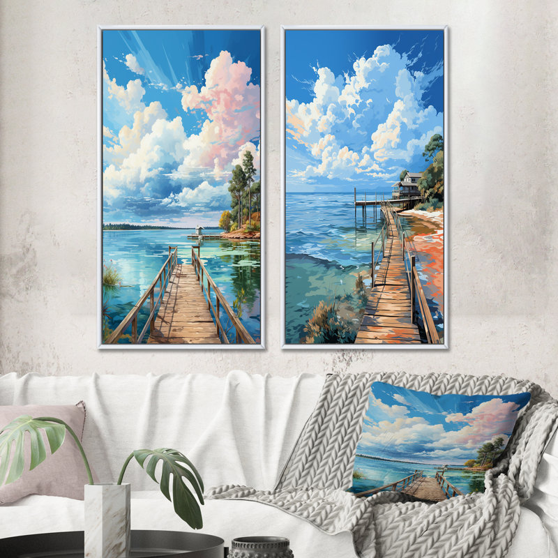 «Pier And Dock Seaside», 2 pièces, Cadre blanc, H 32 po x l 32 po