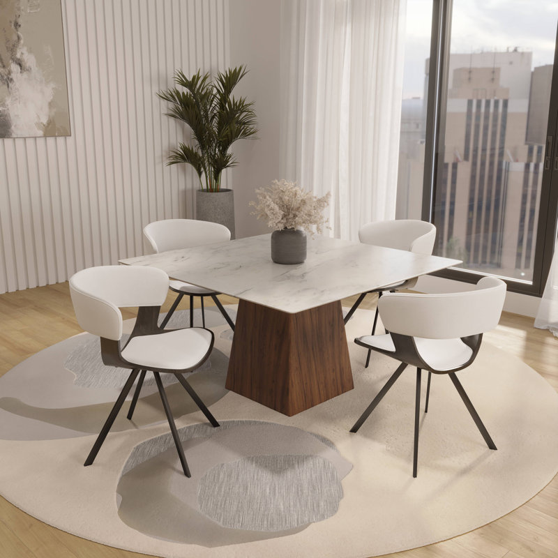 5-Piece Dining Set With Square Dining Table White Sintered Stone Top And 4 Upholstered Dining Chairs, White/Dark Walnut