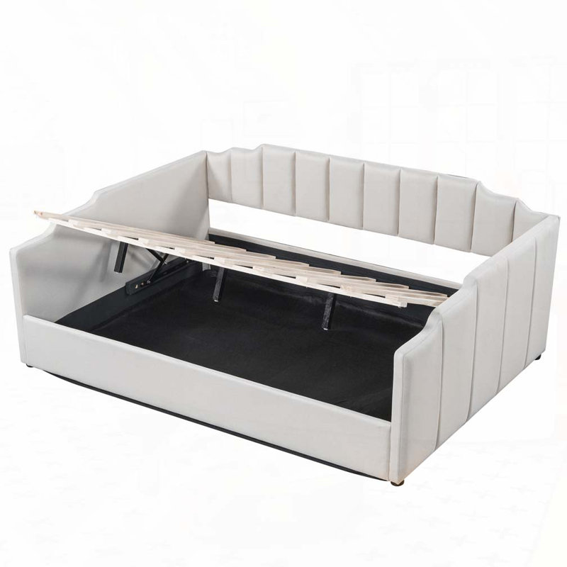 Lit de jour rembourré avec rangement inférieur, Beige, Lit double