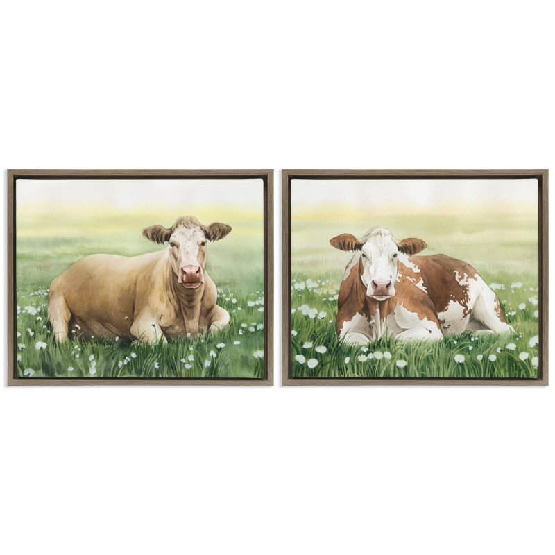 Cows Resting in Flower Field, ensemble de 2 toiles flottantes encadrées par Grace Popp, H 17 po x l 21 po