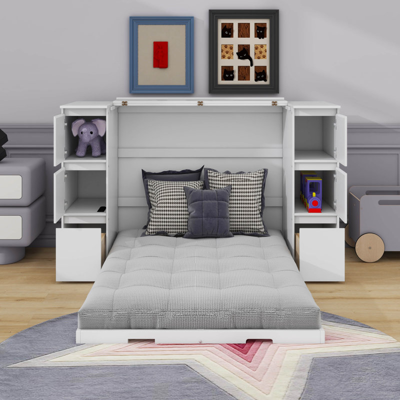 Lit escamotable simple avec tiroirs et ports USB, Blanc