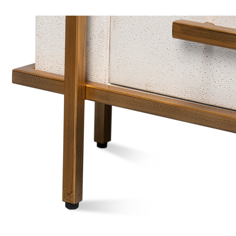 Blakely White Shagreen Leather 3-Drawer Nightstand with Gold Accents
