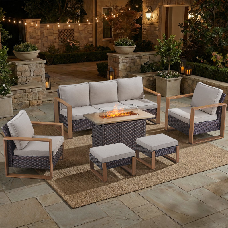 6-Piece Outdoor Rattan Modern Garden Fire Pit Set With Sofa, Armchairs And Ottomans, Beige, Brown